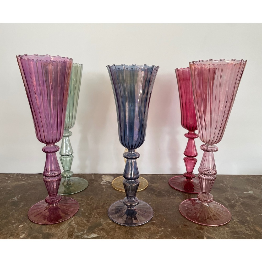 6 Handblown Venetian Murano Glass Iridescent Ribbed Champagne Flutes Multicolor - Picture 16 of 16